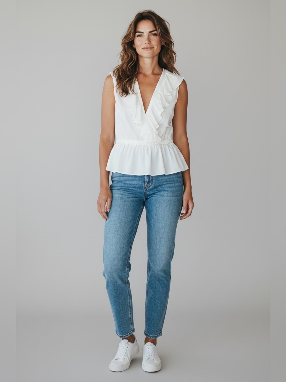 Trina Turk V-Neck Ruffle Blouse // White // Small Petite